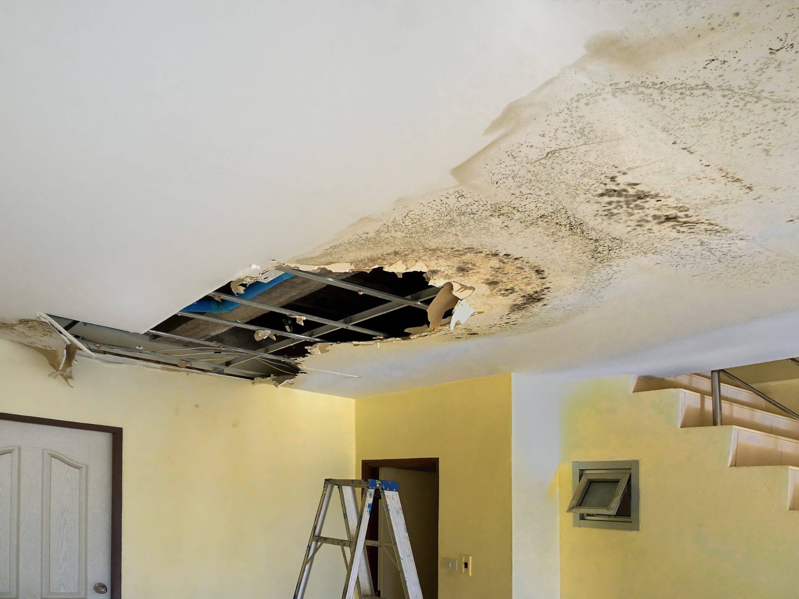 An image of the inside of a home, where a ladder is positioned beneath a heavily damaged the ceiling because of a leaking roof.