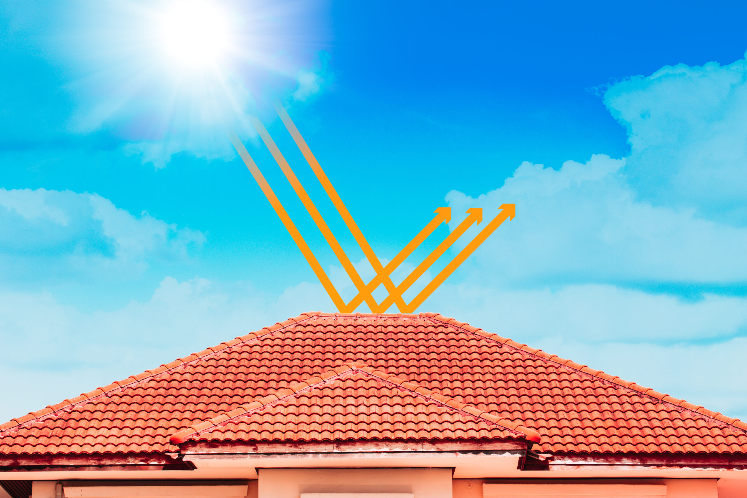 An image of sunlight being reflected off a roof of clay tiles. Three yellow arrows show the sunlight streaming down before being deflected back up.