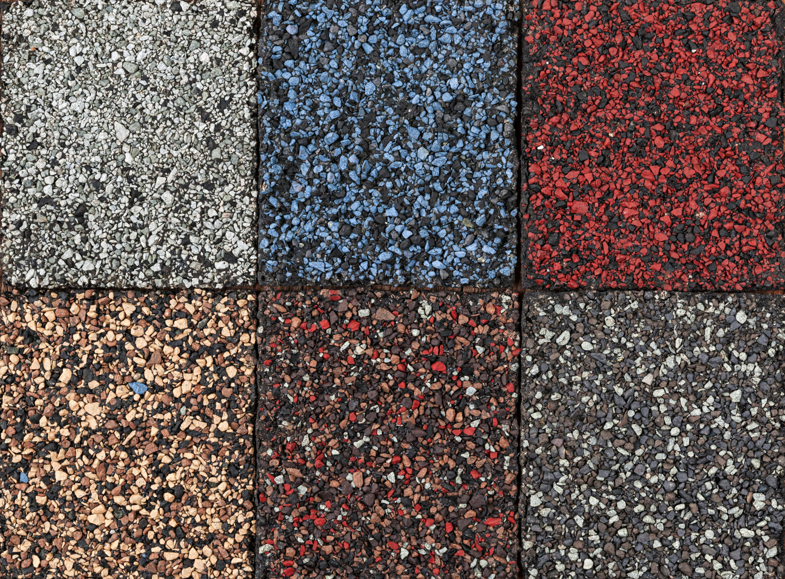 An image of six shingles in different colors, placed side-by-side