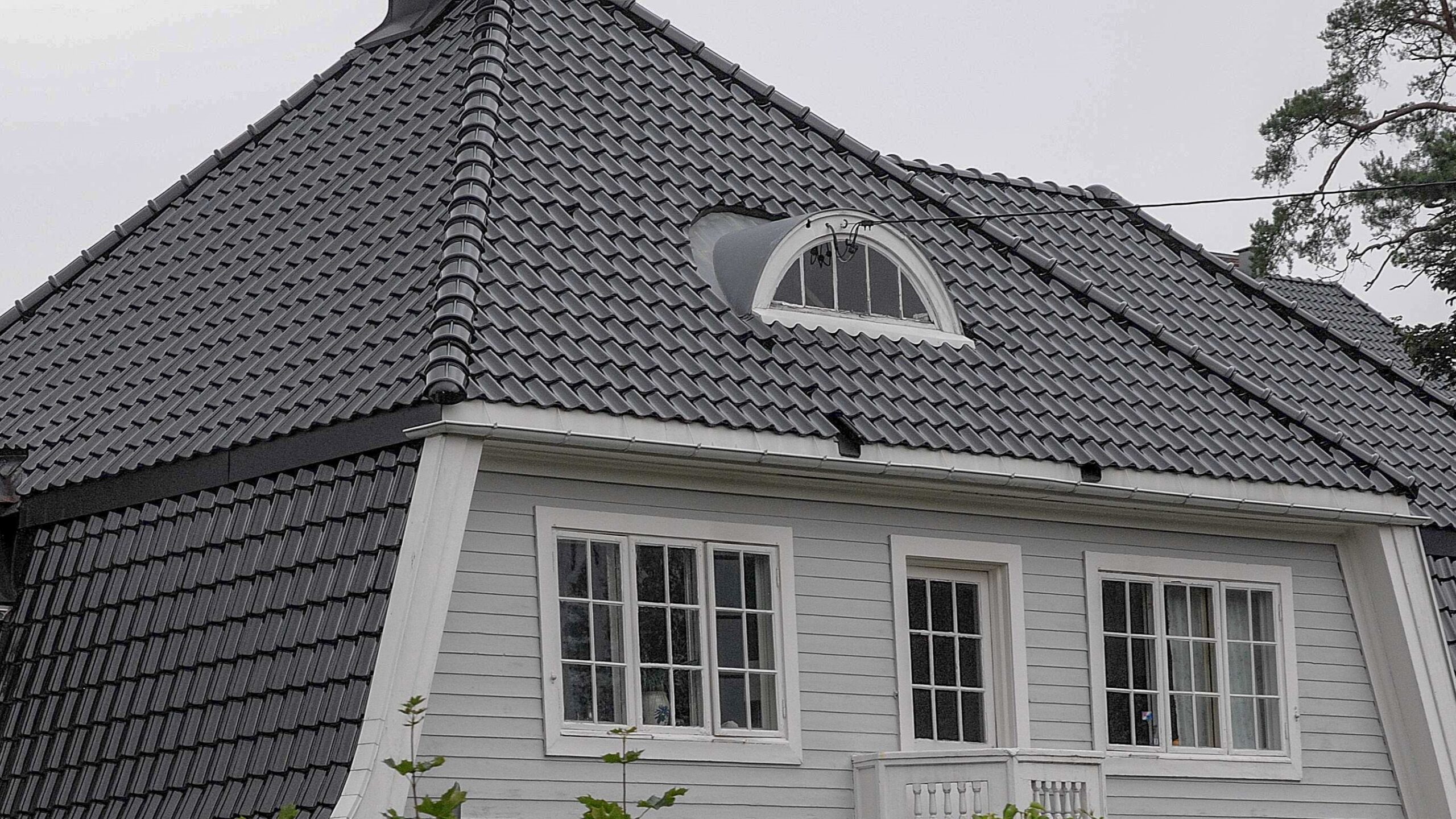 Home with steep-sloped black metal roofing