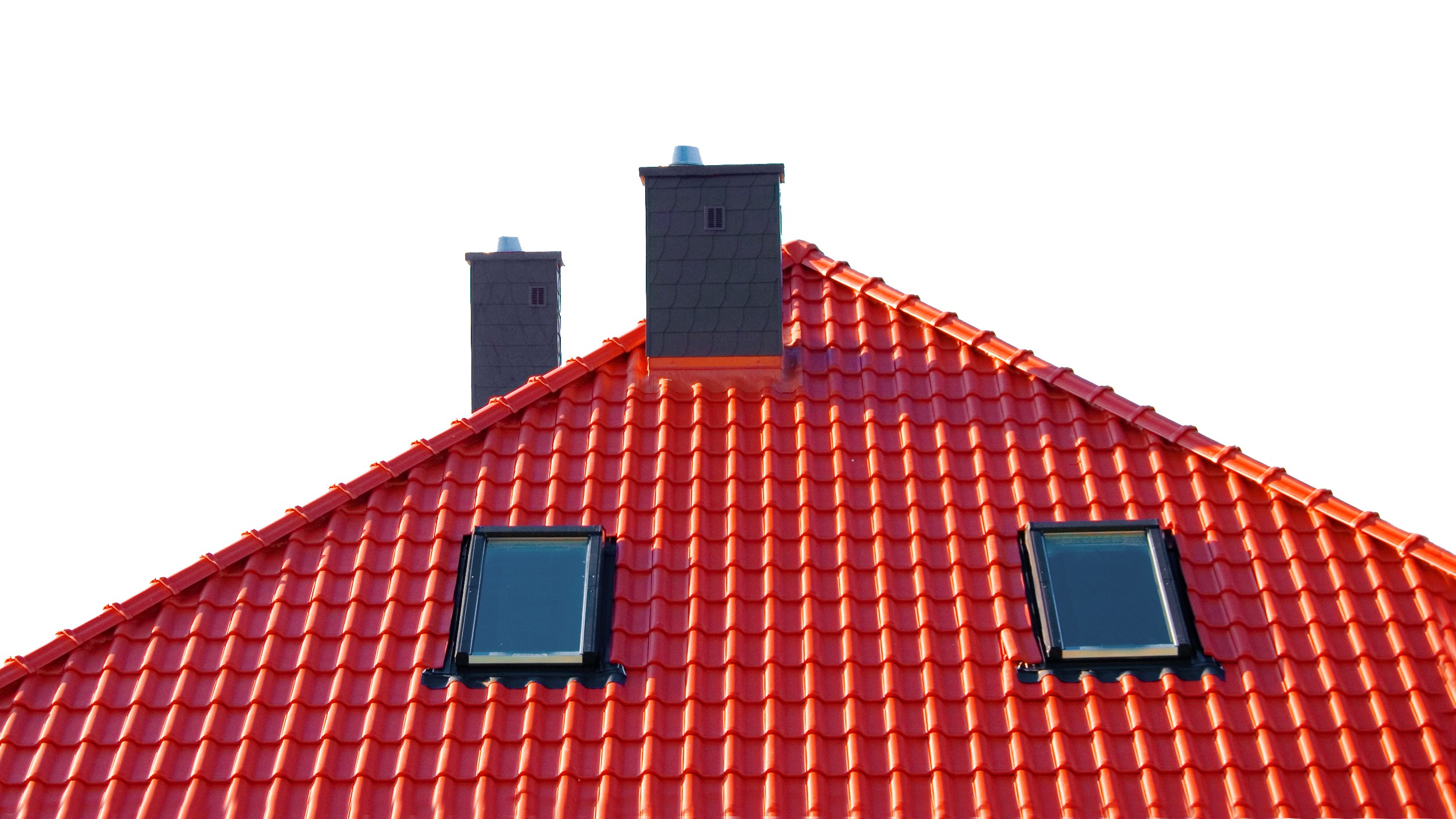 Bright red tile roof with two skylights and roof vents on it