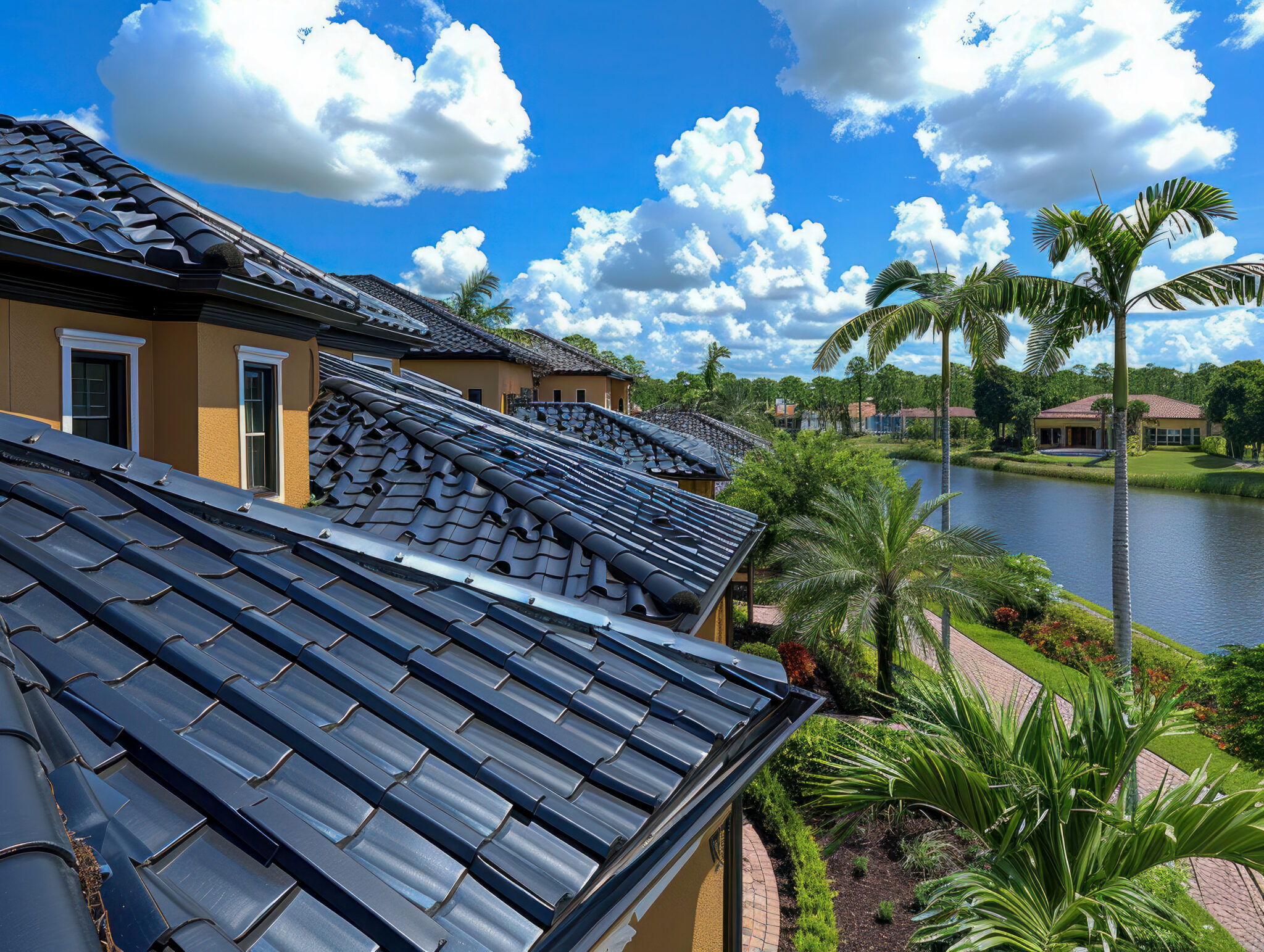 Low-angle, close-up  image of a black metal roof