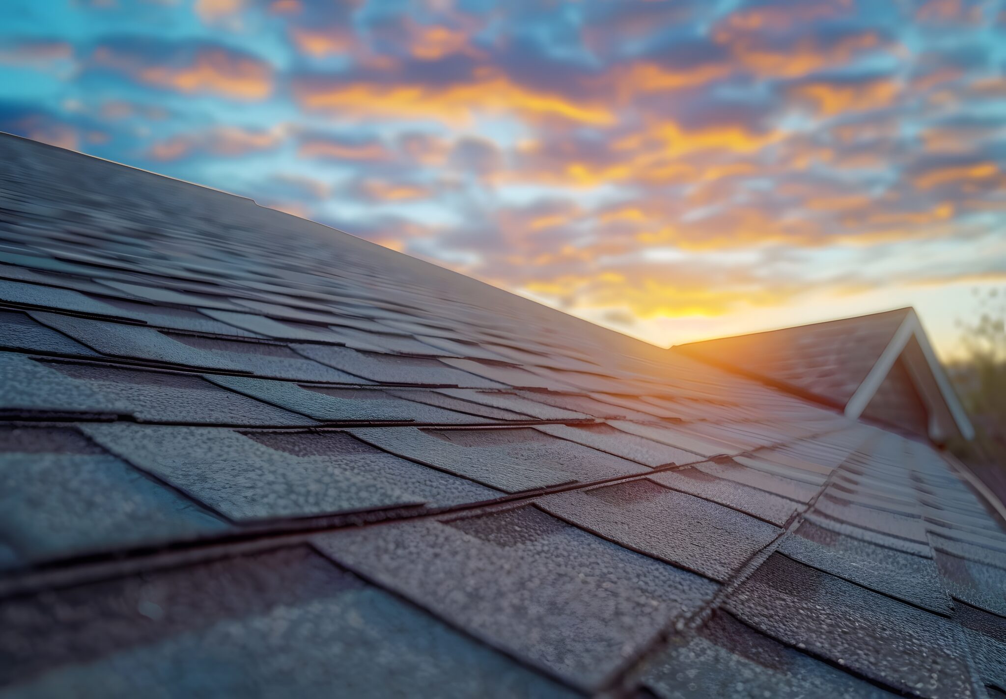 Rooftop view with setting or rising sun with clouds