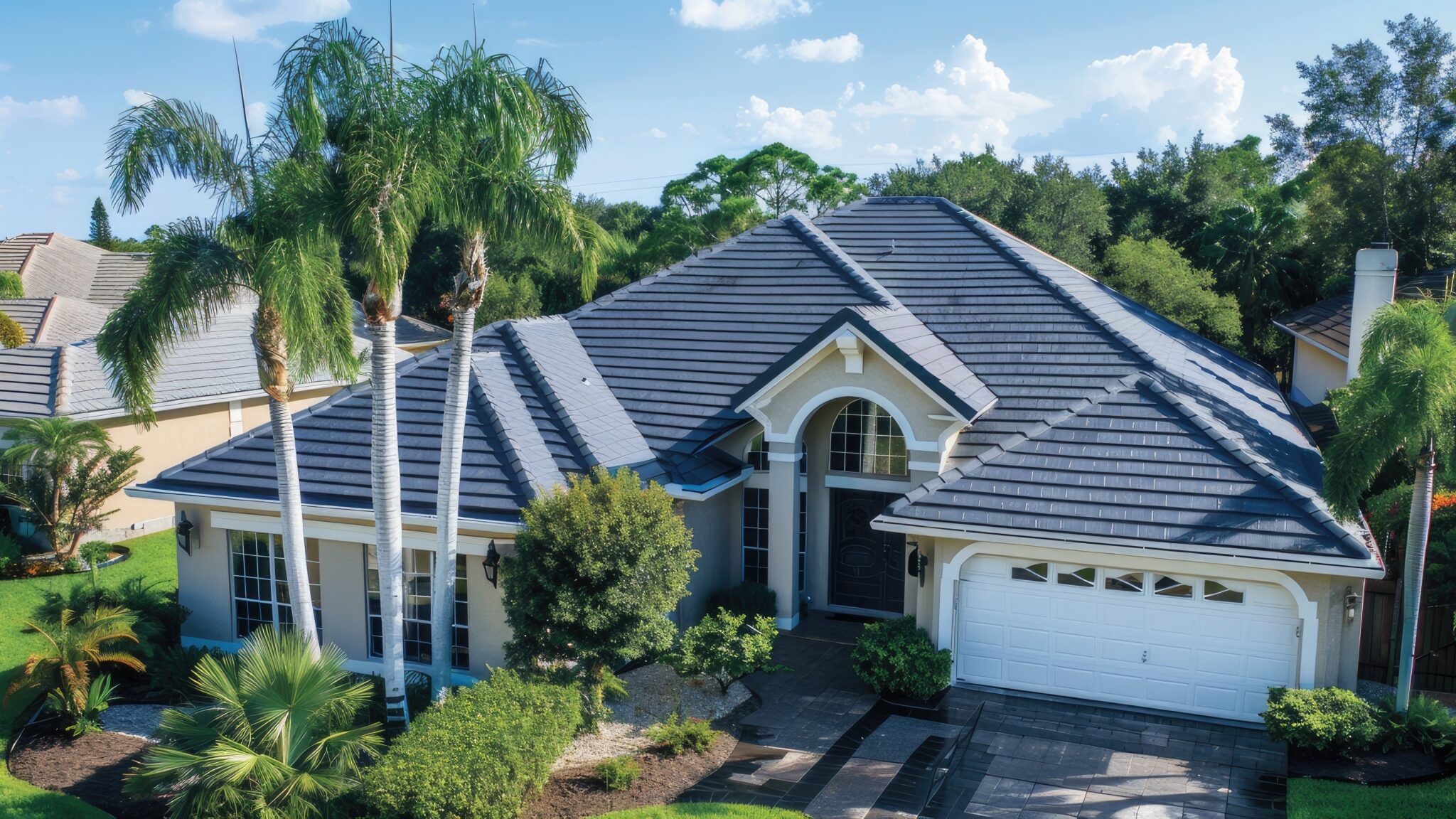Majestic home with grey exterior and blue stone-coated roof