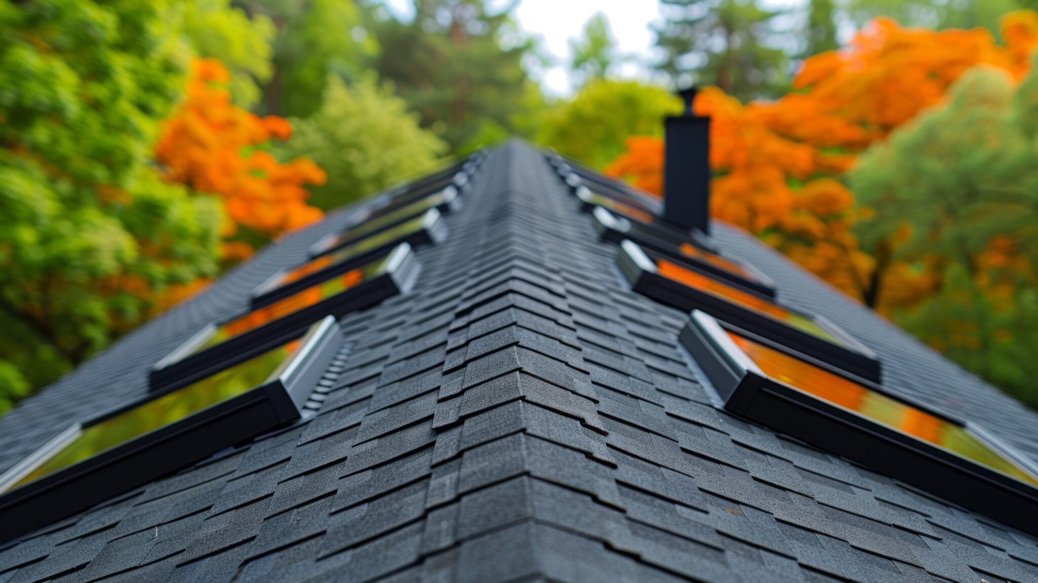 Close-up view of home with newly finished ridgetop on asphalt shingle roofing