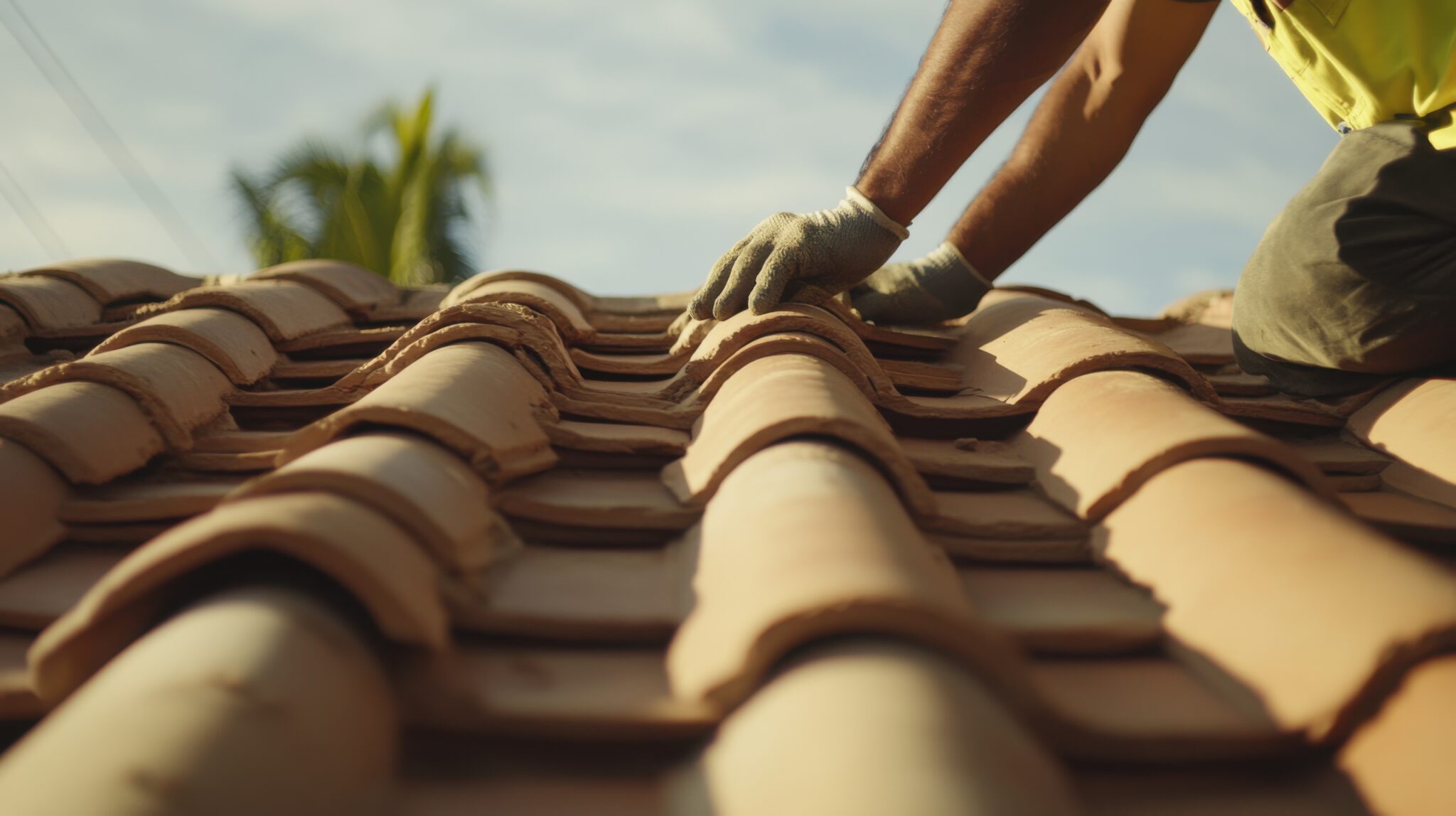 person‘s knees and hands shown working on a tile rooftop