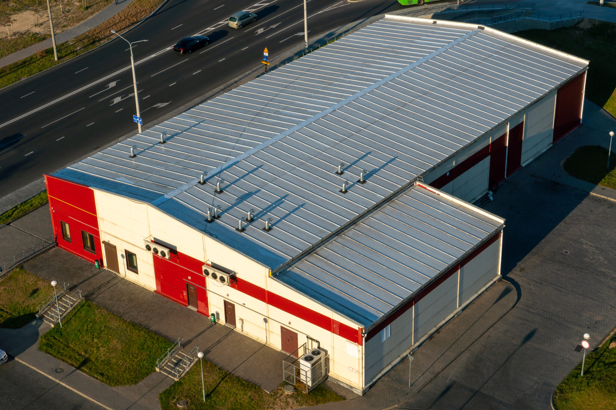 Red warehouse with metal roofing