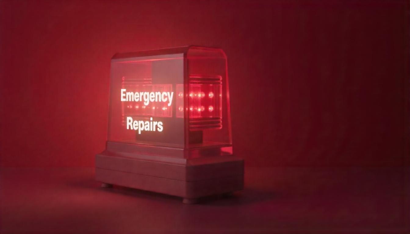 Image of a red emergency light with the words “emergency repairs” written across the light