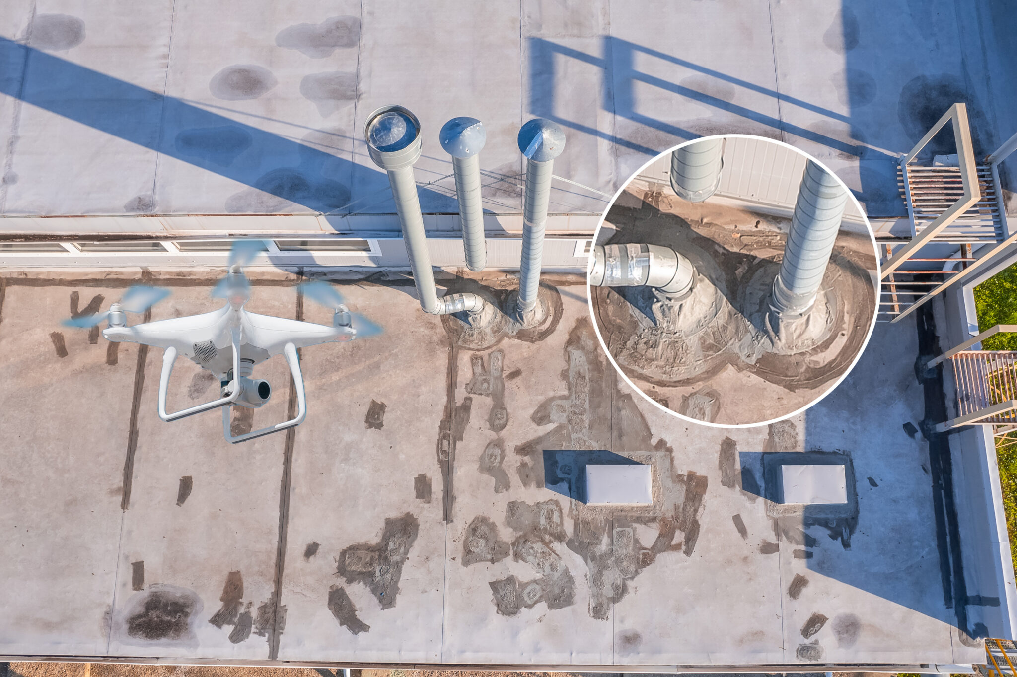 Drone view of a commercial building with defects and damage
