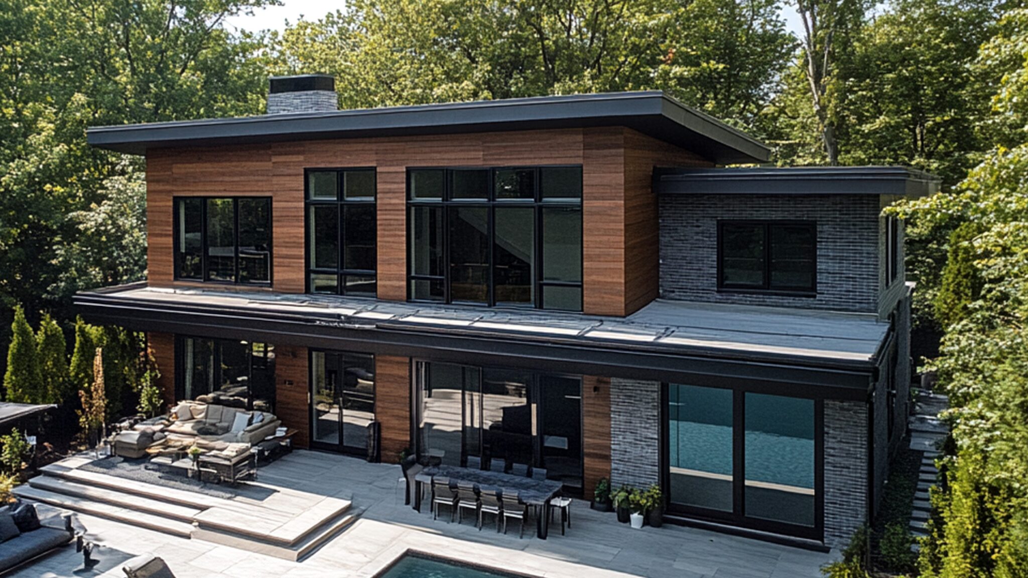 Luxury modern home exterior with wood siding and flat roofing