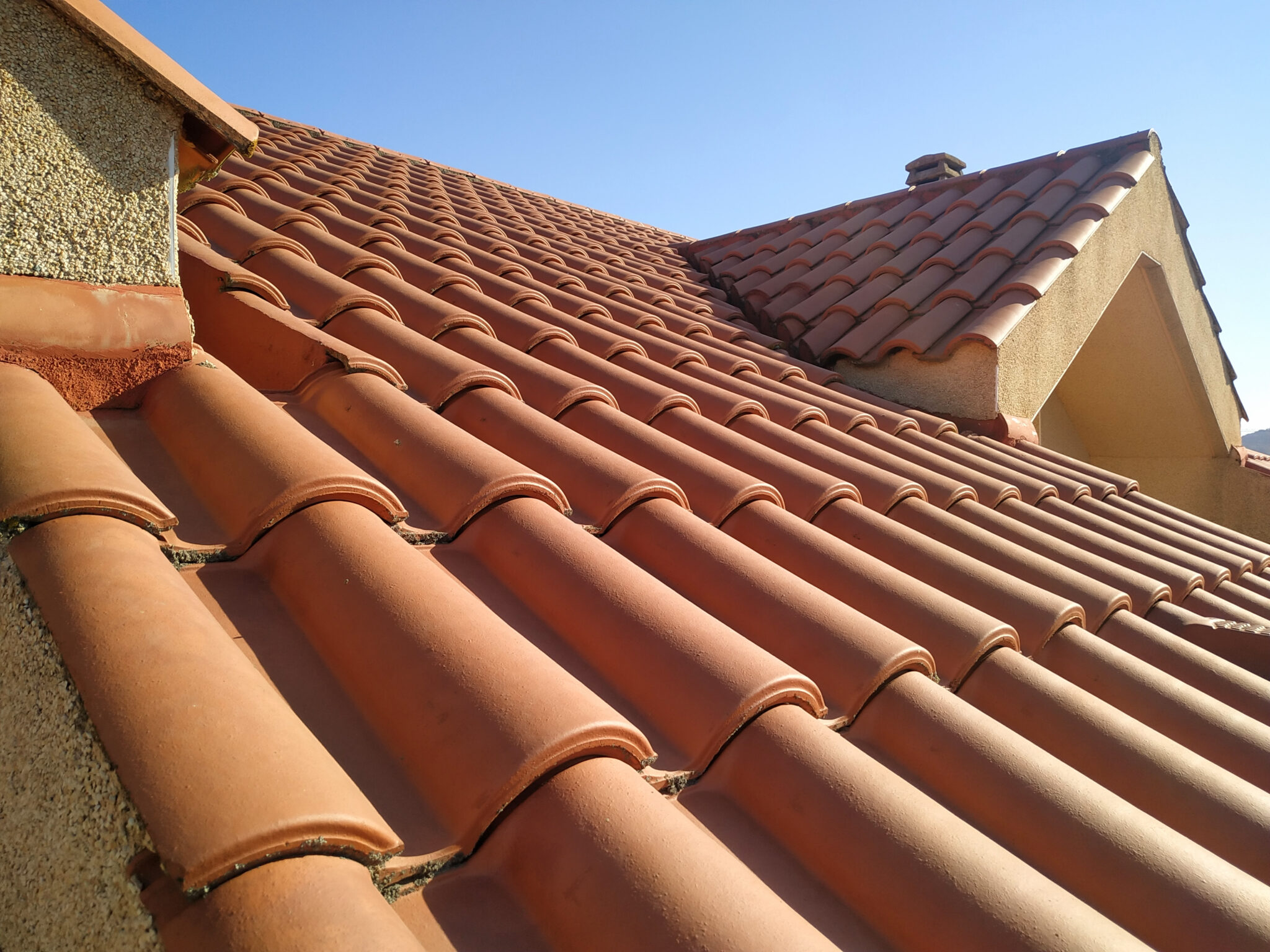 Close-up of a Spanish tile roof on a house
