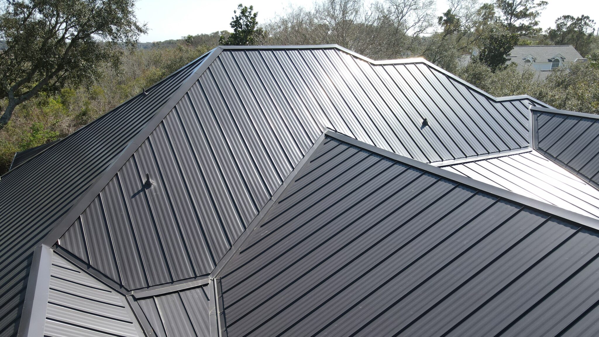 Close-up view of a grey metal roof