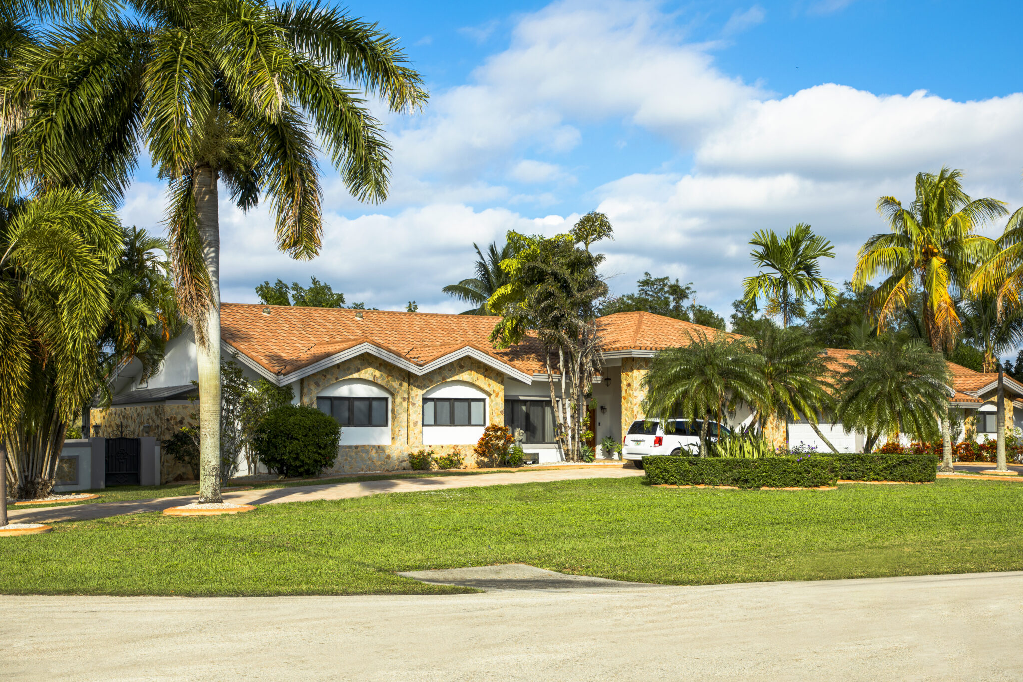 Beautiful tile roof on home surrounded by palm trees