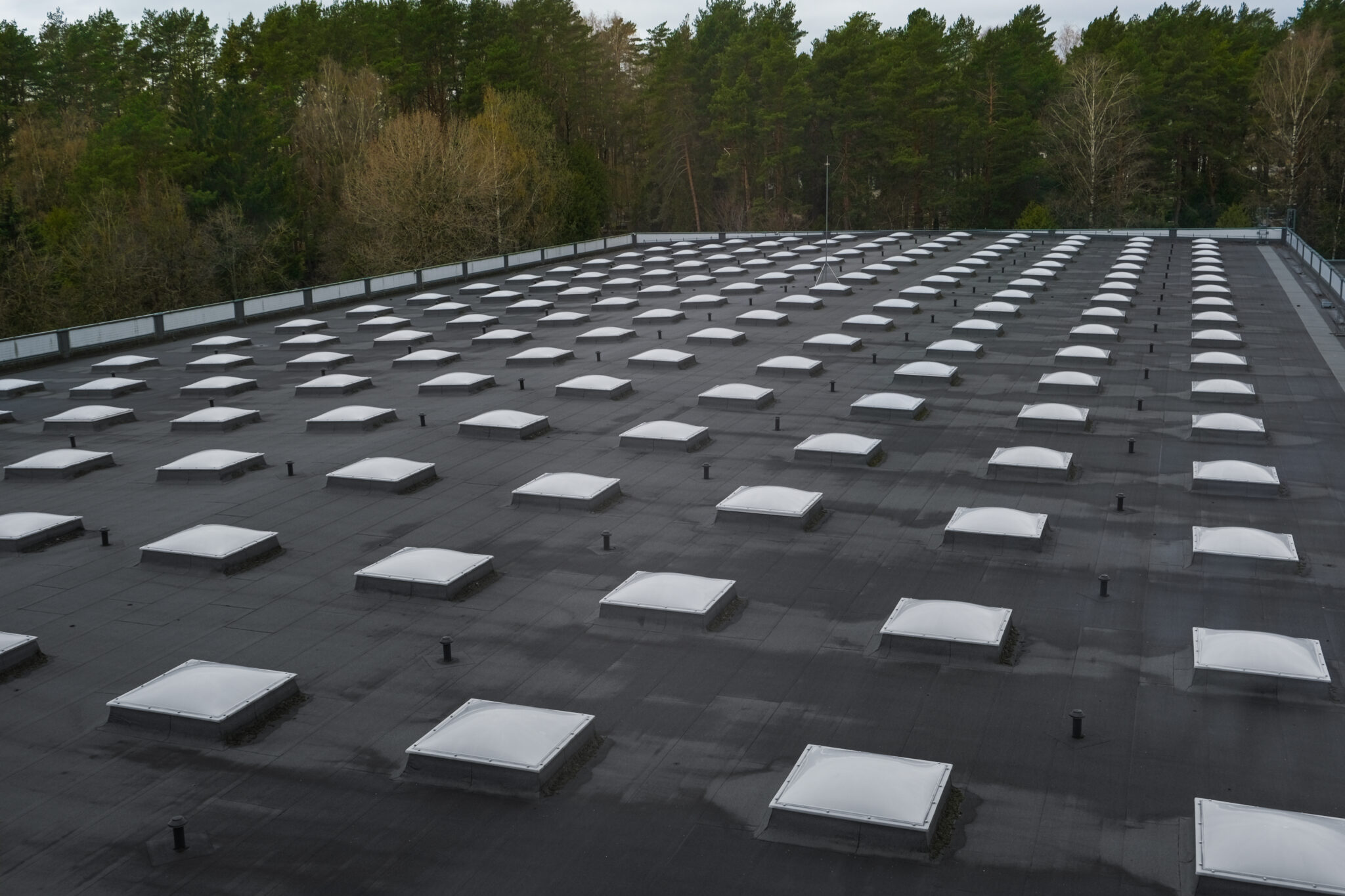 A flat commercial roof with skylights.